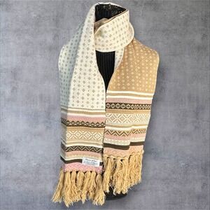 Preston & York Knit Scarf Wool Blend Nordic Pattern Tan Cream Fringe Winter Wrap